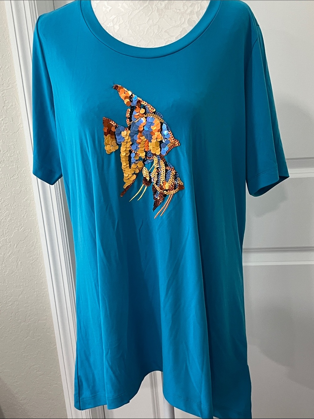 Quacker Factory Turquoise Sequin Angel Fish Mother & Baby NWT SZ L